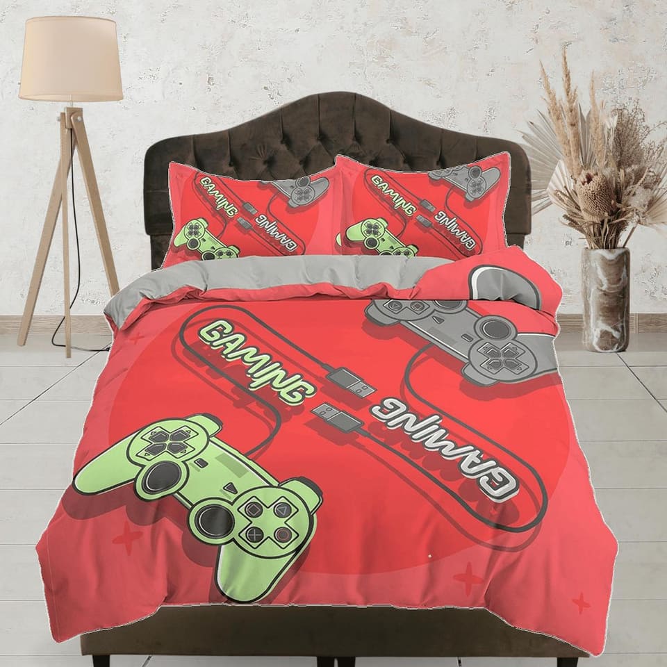 Gaming connection gamers bedding red duvet cover, video gamer boyfriend gift bedding set full king queen twin, boys bedroo…