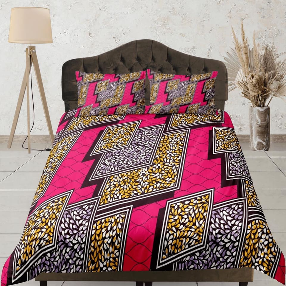Geometric african pink bedding set duvet cover, boho bedding african ethnic tribal designs, afrocentric designer bedding,…