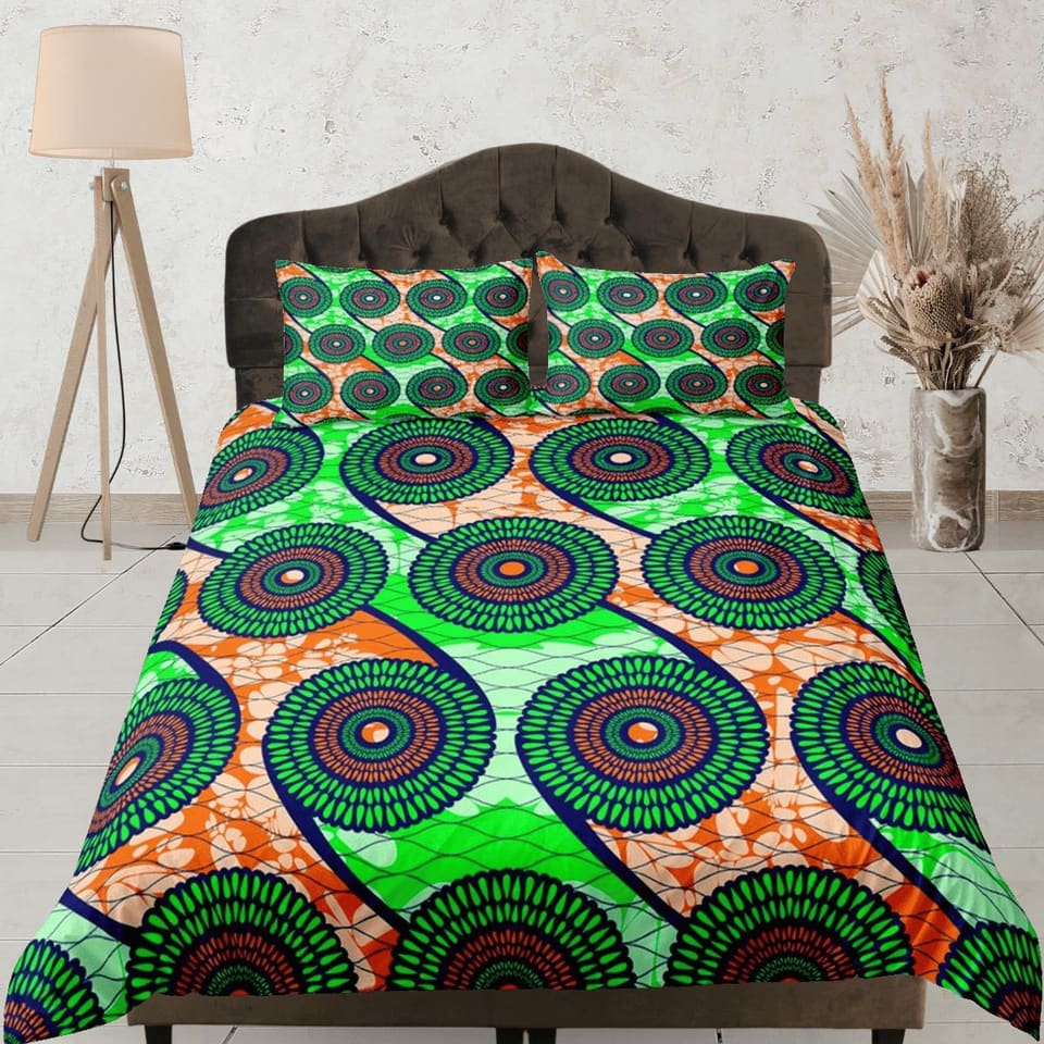 Geometric circles african bedding neon green duvet cover, boho bedding ethnic tribal design, afrocentric art bedding, sout…