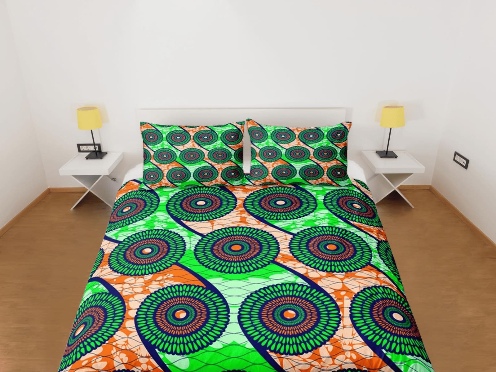 Geometric circles african bedding neon green duvet cover, boho bedding ethnic tribal design, afrocentric art bedding, sout…