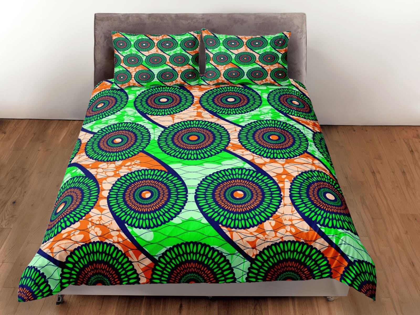Geometric circles african bedding neon green duvet cover, boho bedding ethnic tribal design, afrocentric art bedding, sout…
