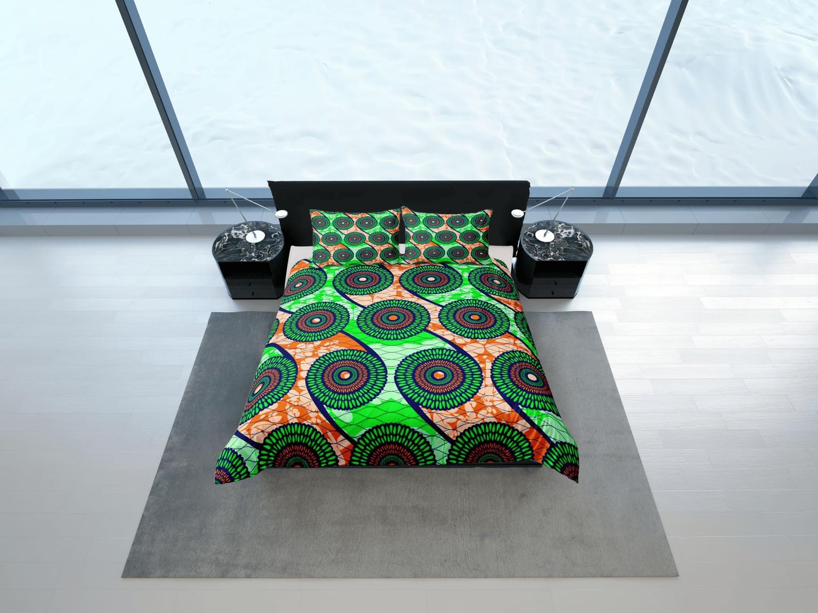 Geometric circles african bedding neon green duvet cover, boho bedding ethnic tribal design, afrocentric art bedding, sout…