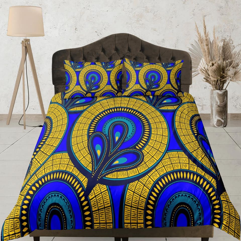 Geometric circles african bedding set blue duvet cover, boho bedding ethnic tribal designs, afrocentric designer bedding,…