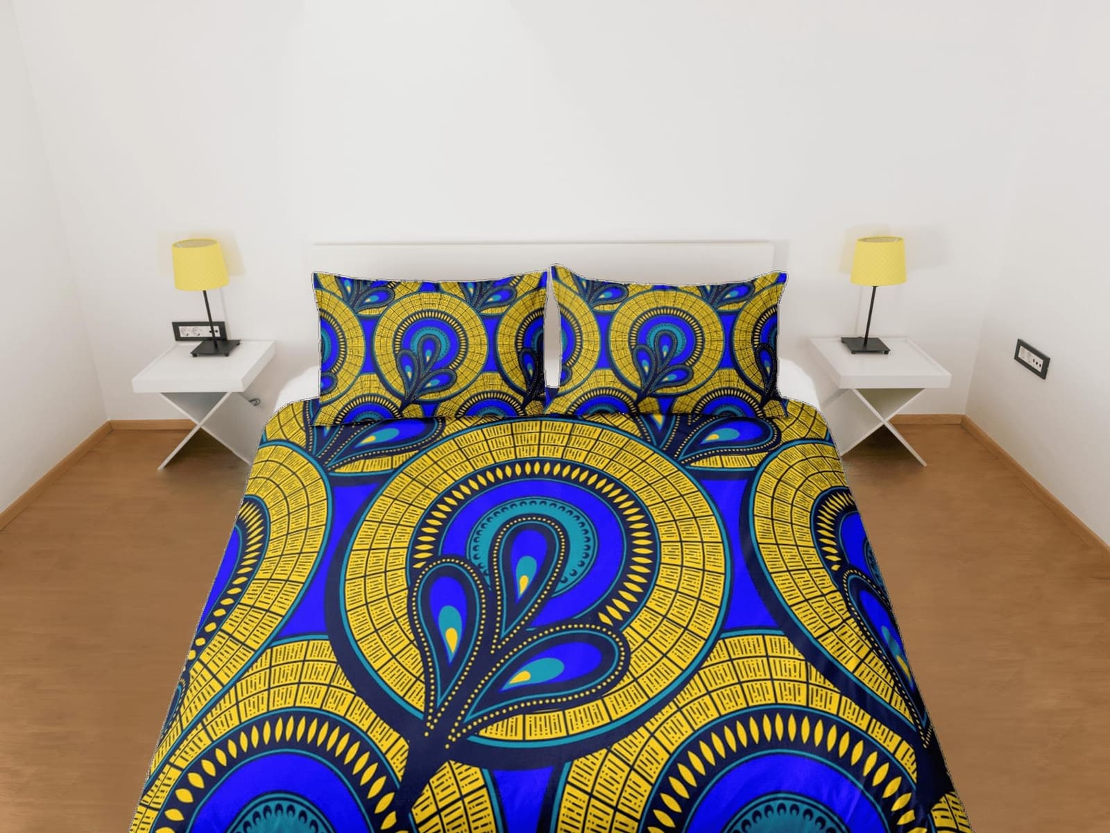Geometric circles african bedding set blue duvet cover, boho bedding ethnic tribal designs, afrocentric designer bedding,…