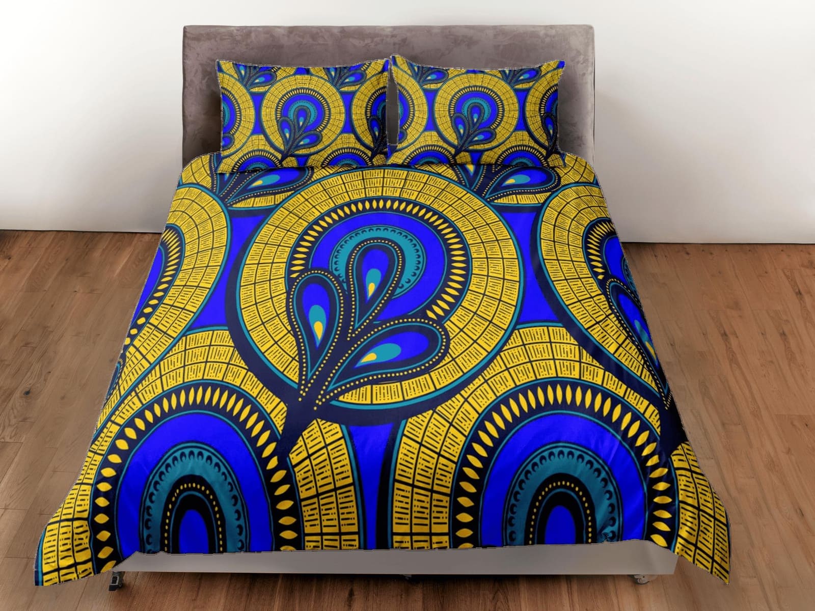 Geometric circles african bedding set blue duvet cover, boho bedding ethnic tribal designs, afrocentric designer bedding,…