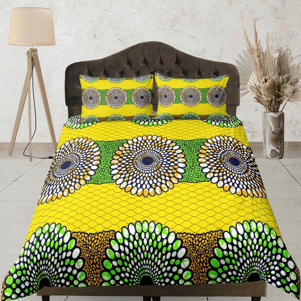 Geometric circles african yellow bedding set duvet cover, boho bedding ethnic tribal design, afrocentric designer bedding…
