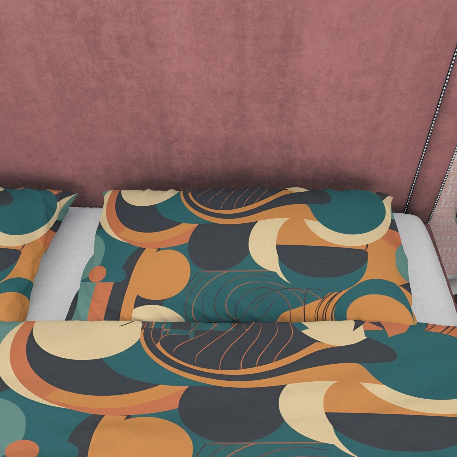Geometric Green Retro Bedding Set, Coffee Brown Duvet Cover, Unique Vintage Pattern Quilt Cover, 70's Design Bed Cover, Zi…