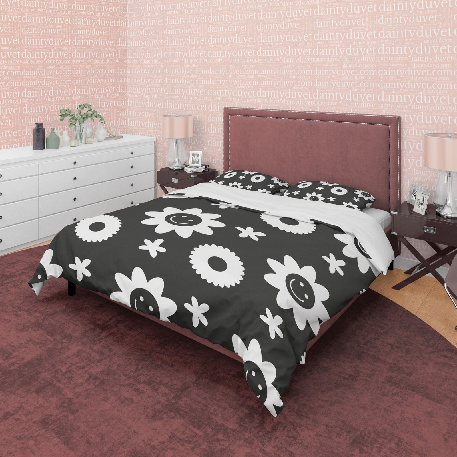 Geometric Simple Quilt Cover Black and White Duvet Cover Set, Smiley Flower Blanket Cover Floral Unique Bedspread, Retro P…