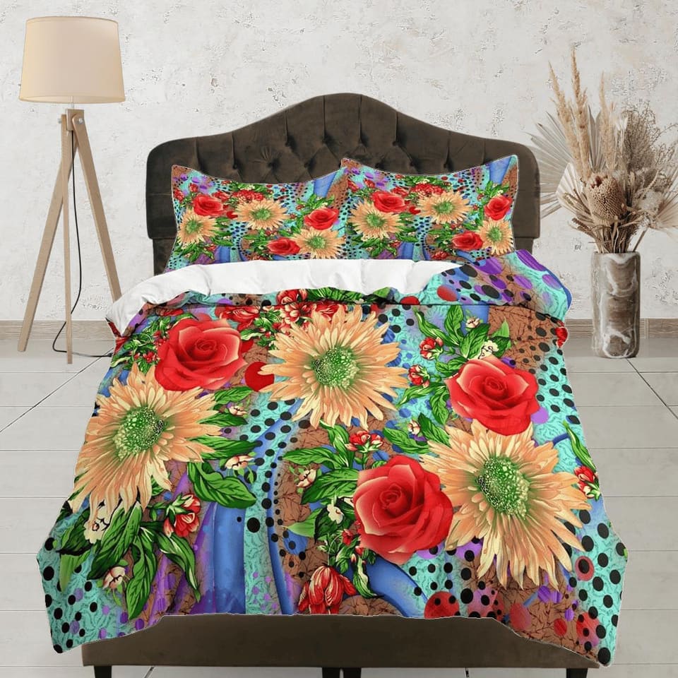 Gerbera daisy and red roses floral duvet cover queen, king, boho duvet, designer bedding, aesthetic bedding, maximalist fu…