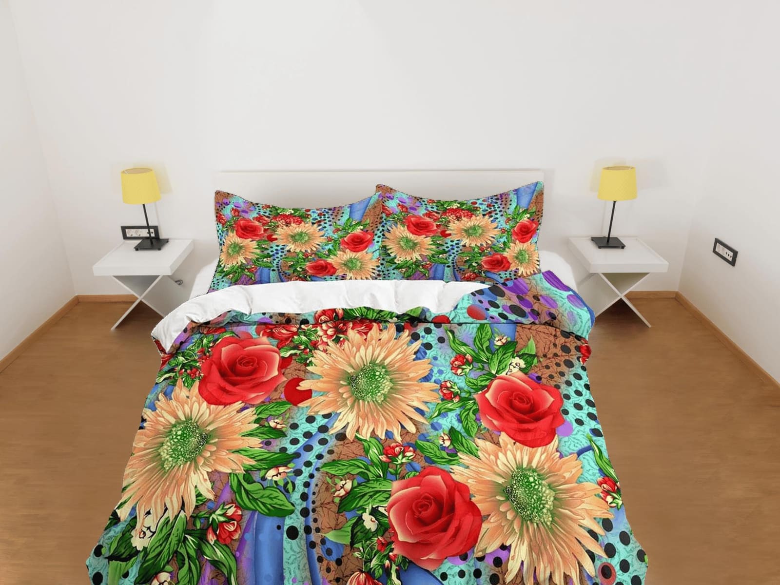 Gerbera daisy and red roses floral duvet cover queen, king, boho duvet, designer bedding, aesthetic bedding, maximalist fu…