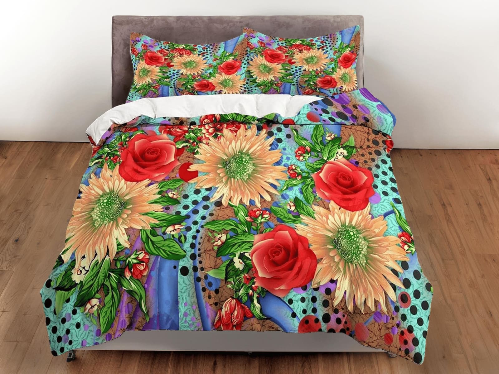 Gerbera daisy and red roses floral duvet cover queen, king, boho duvet, designer bedding, aesthetic bedding, maximalist fu…