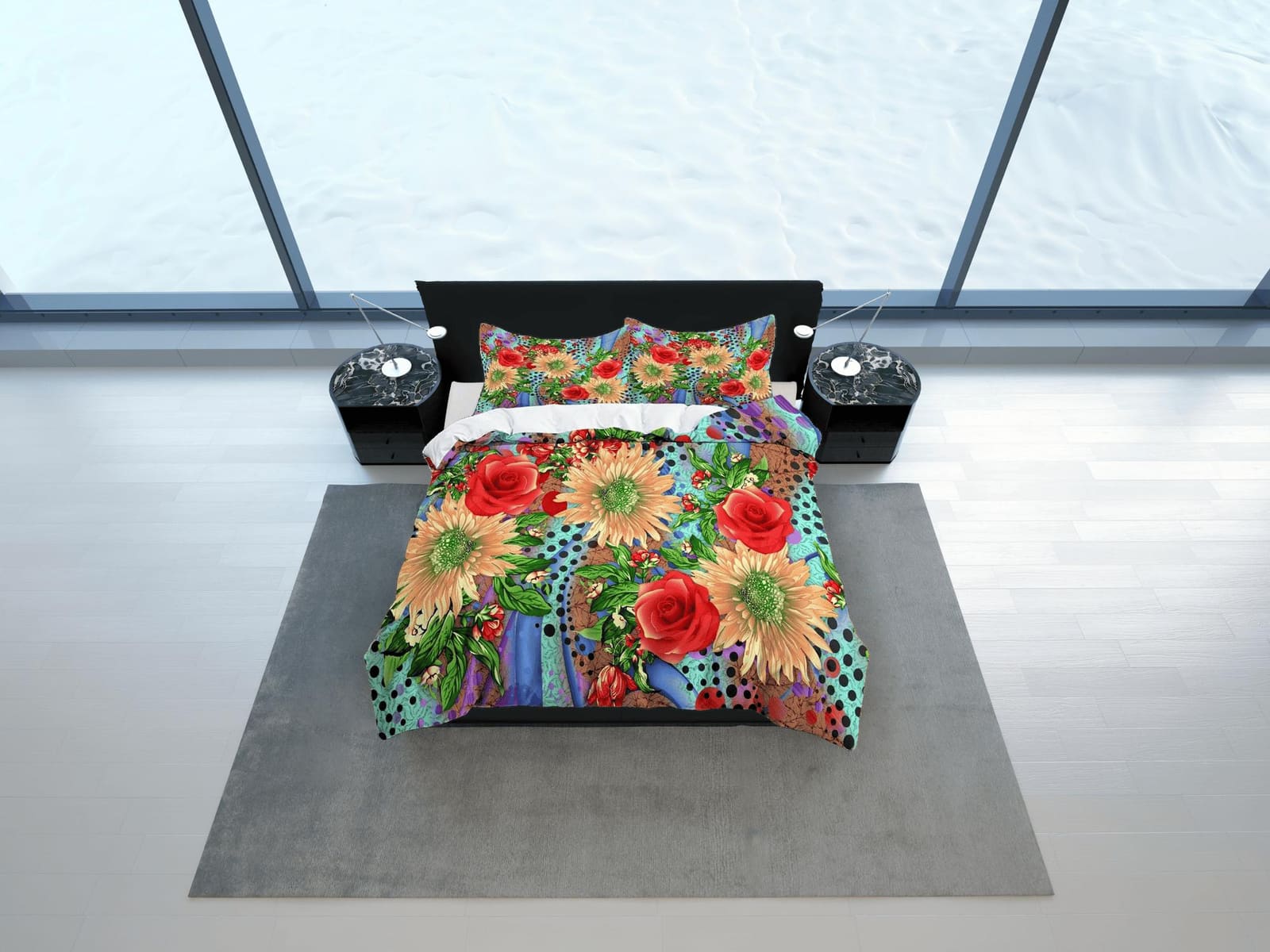 Gerbera daisy and red roses floral duvet cover queen, king, boho duvet, designer bedding, aesthetic bedding, maximalist fu…