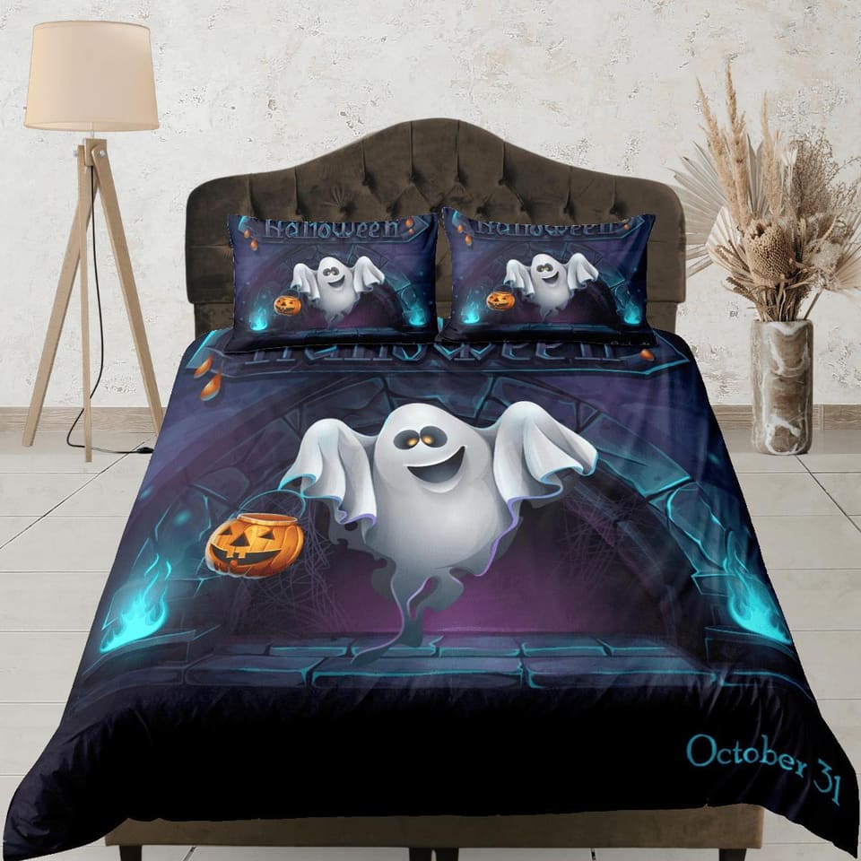 Ghost and pumpkin halloween bedding & pillowcase, gothic duvet cover, dorm bedding, goth decor toddler bedding, halloween…