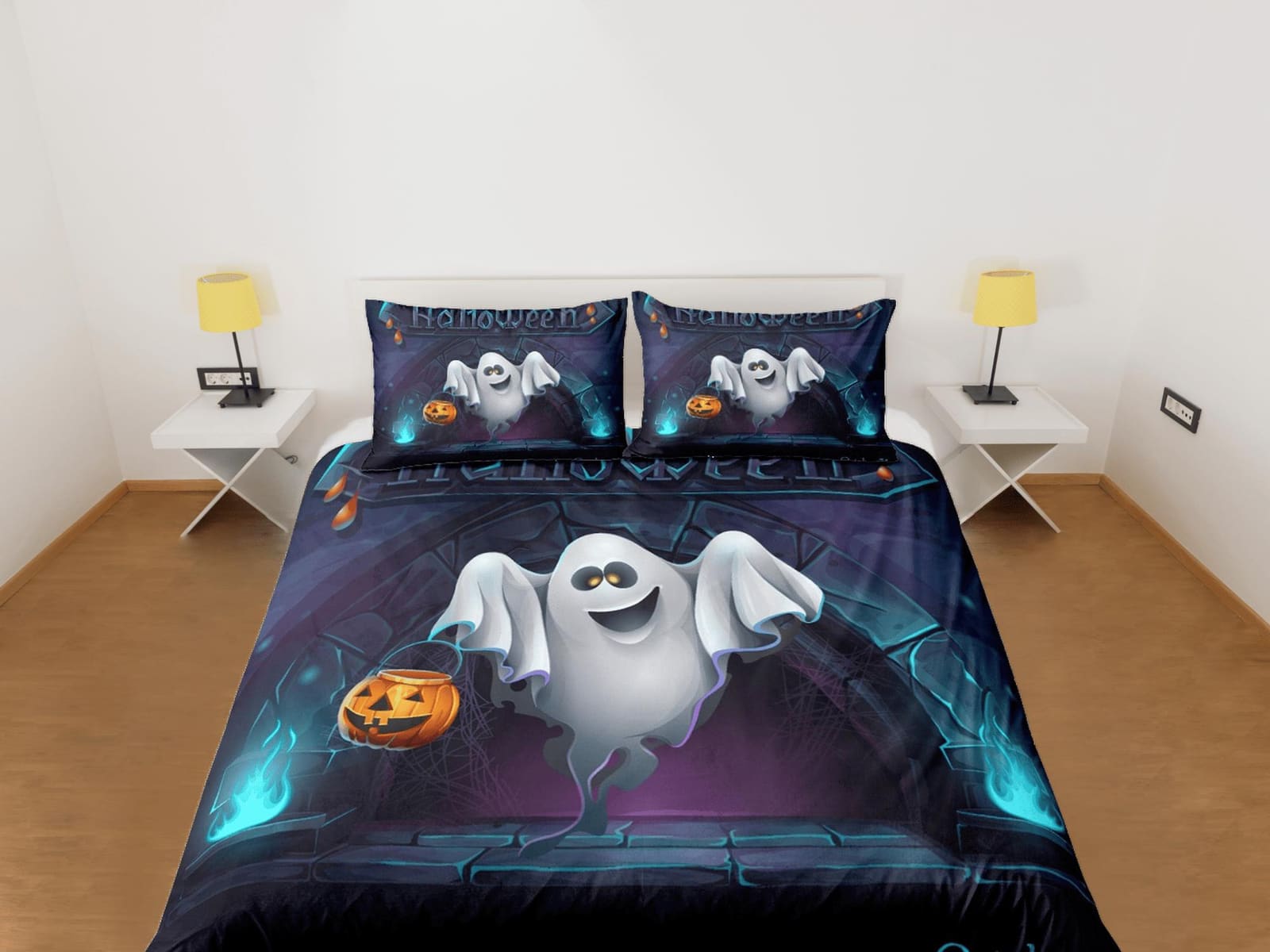Ghost and pumpkin halloween bedding & pillowcase, gothic duvet cover, dorm bedding, goth decor toddler bedding, halloween…