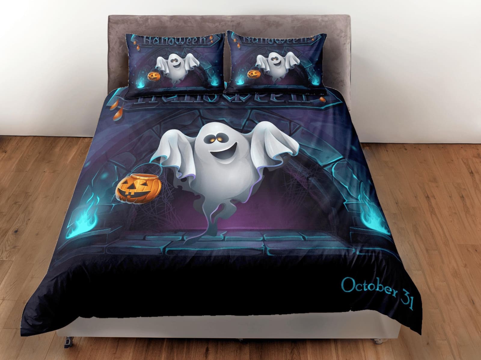 Ghost and pumpkin halloween bedding & pillowcase, gothic duvet cover, dorm bedding, goth decor toddler bedding, halloween…