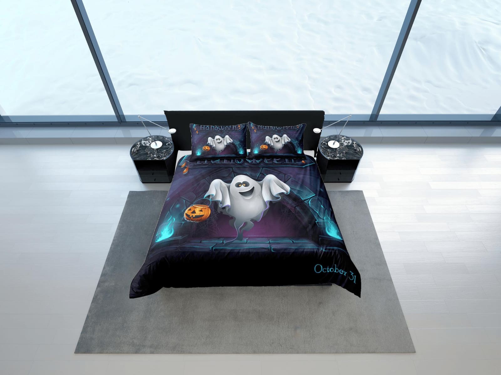 Ghost and pumpkin halloween bedding & pillowcase, gothic duvet cover, dorm bedding, goth decor toddler bedding, halloween…