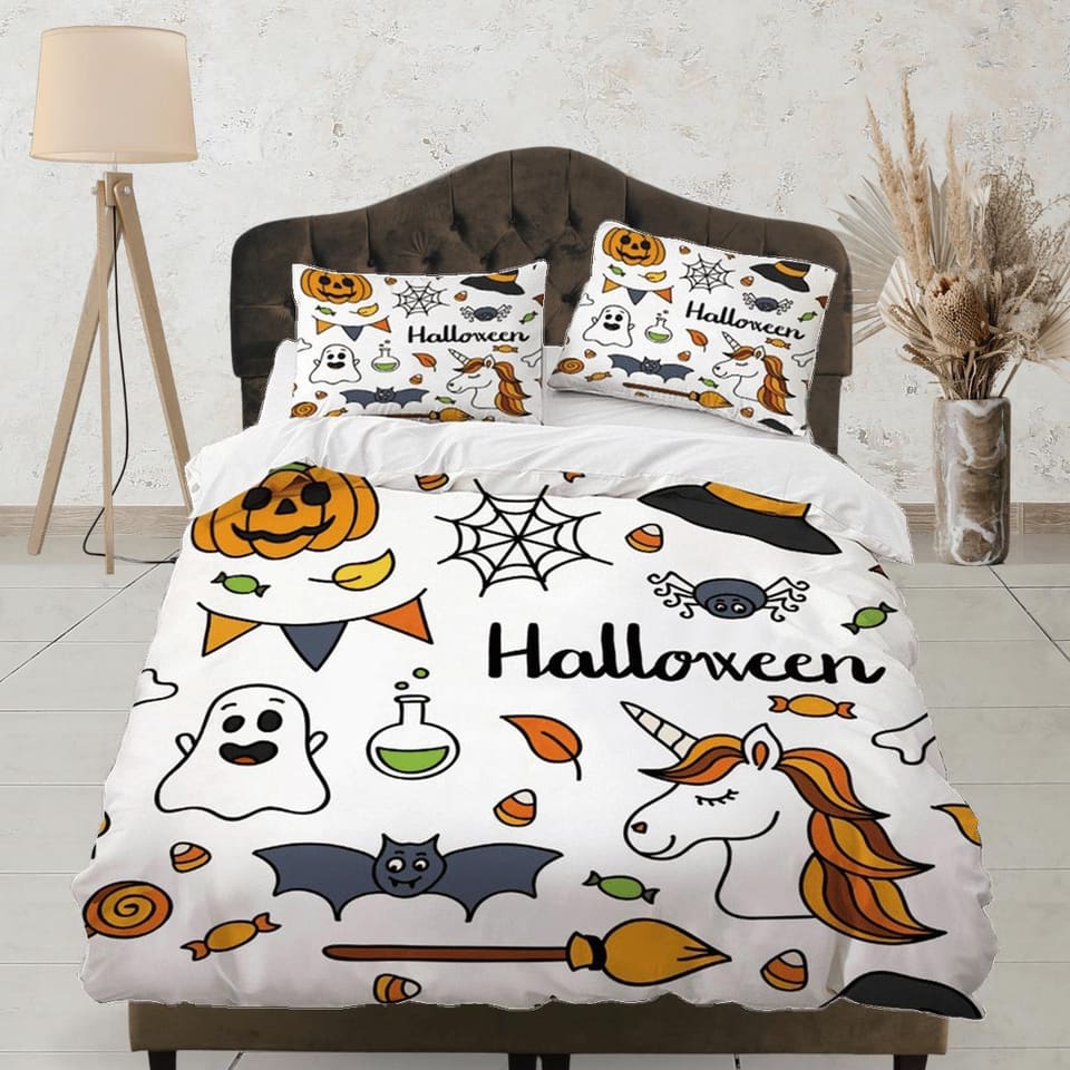 Ghost halloween unicorn pumpkin bedding & pillowcase, duvet cover set dorm bedding, halloween decor, nursery toddler beddi…