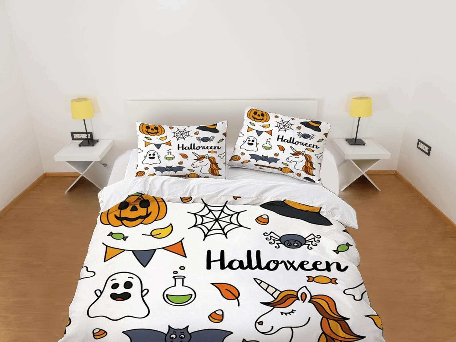 Ghost halloween unicorn pumpkin bedding & pillowcase, duvet cover set dorm bedding, halloween decor, nursery toddler beddi…