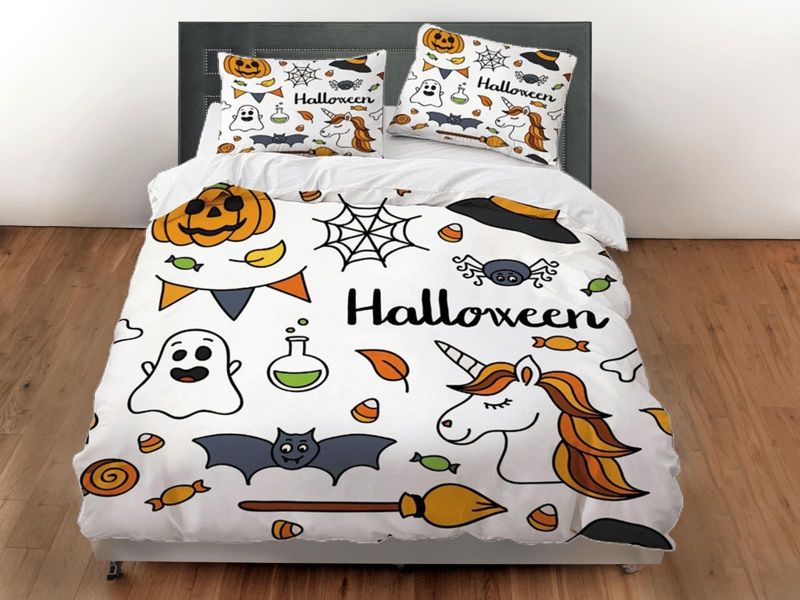 Ghost halloween unicorn pumpkin bedding & pillowcase, duvet cover set dorm bedding, halloween decor, nursery toddler beddi…