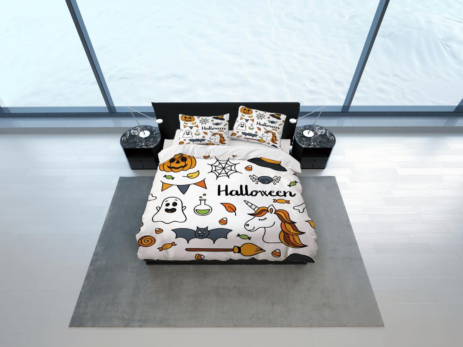 Ghost halloween unicorn pumpkin bedding & pillowcase, duvet cover set dorm bedding, halloween decor, nursery toddler beddi…