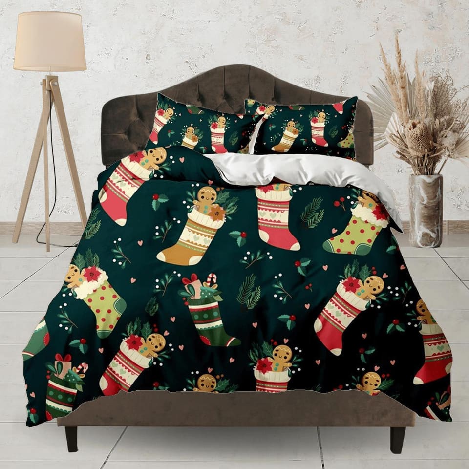 Gingerbread in Santa Claus Socks Christmas bedding & pillowcase holiday gift duvet cover king queen toddler bedding baby C…