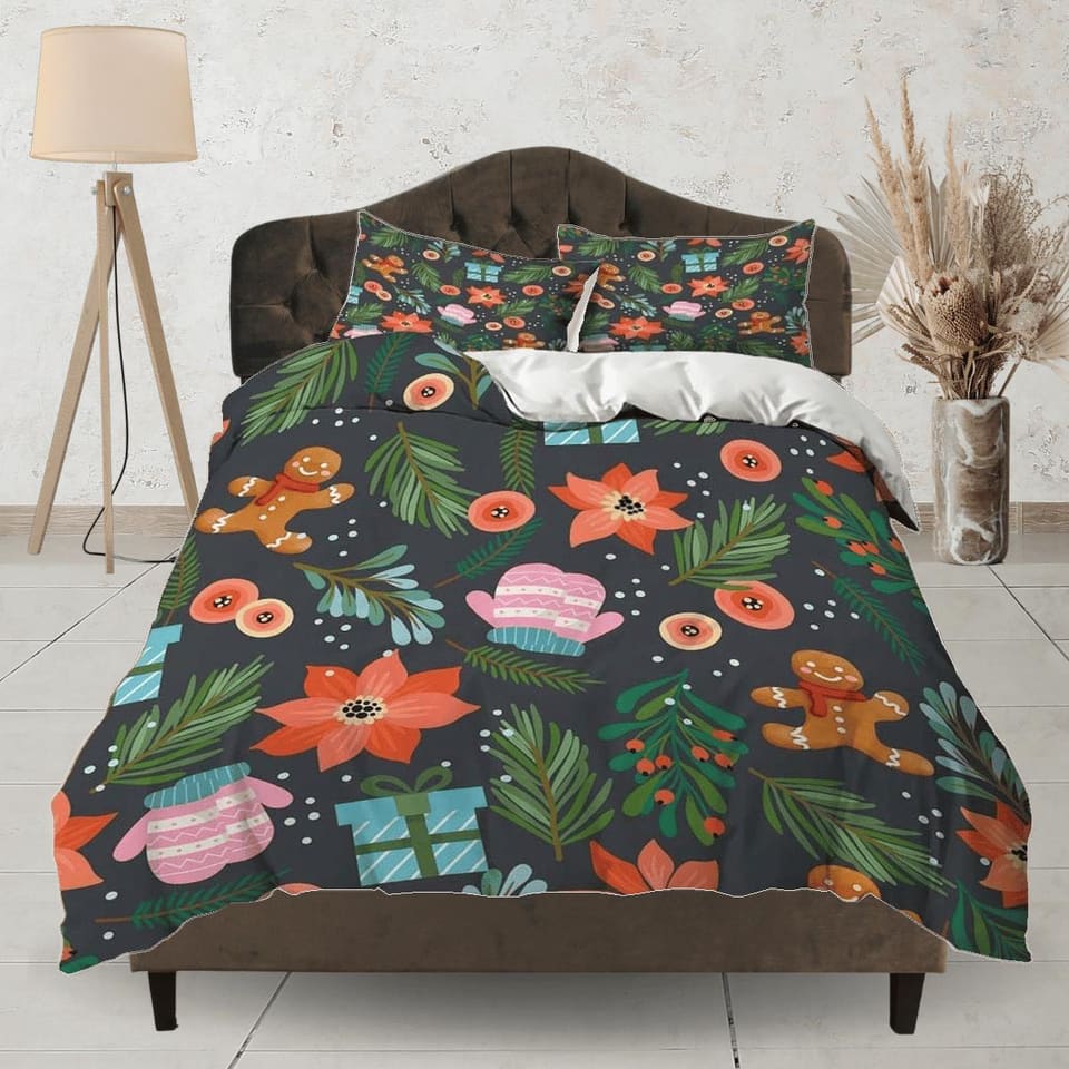 Gingerbread Poinsettia Christmas bedding & pillowcase holiday gift duvet cover king queen full twin toddler bedding baby C…