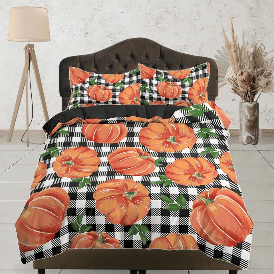 Gingham plaid pumpkin halloween full size bedding & pillowcase, check duvet cover set dorm bedding, nursery toddler beddin…