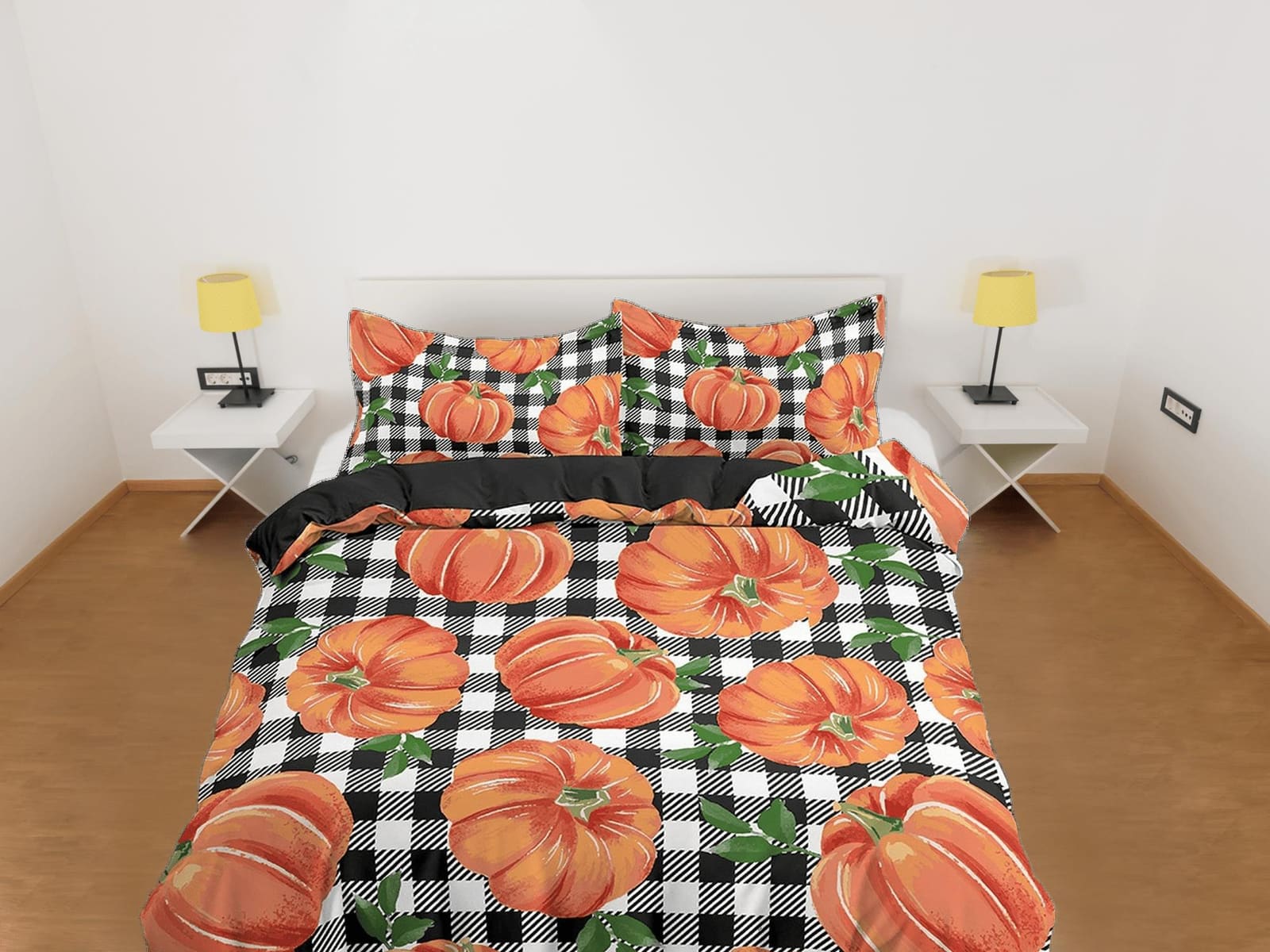 Gingham plaid pumpkin halloween full size bedding & pillowcase, check duvet cover set dorm bedding, nursery toddler beddin…