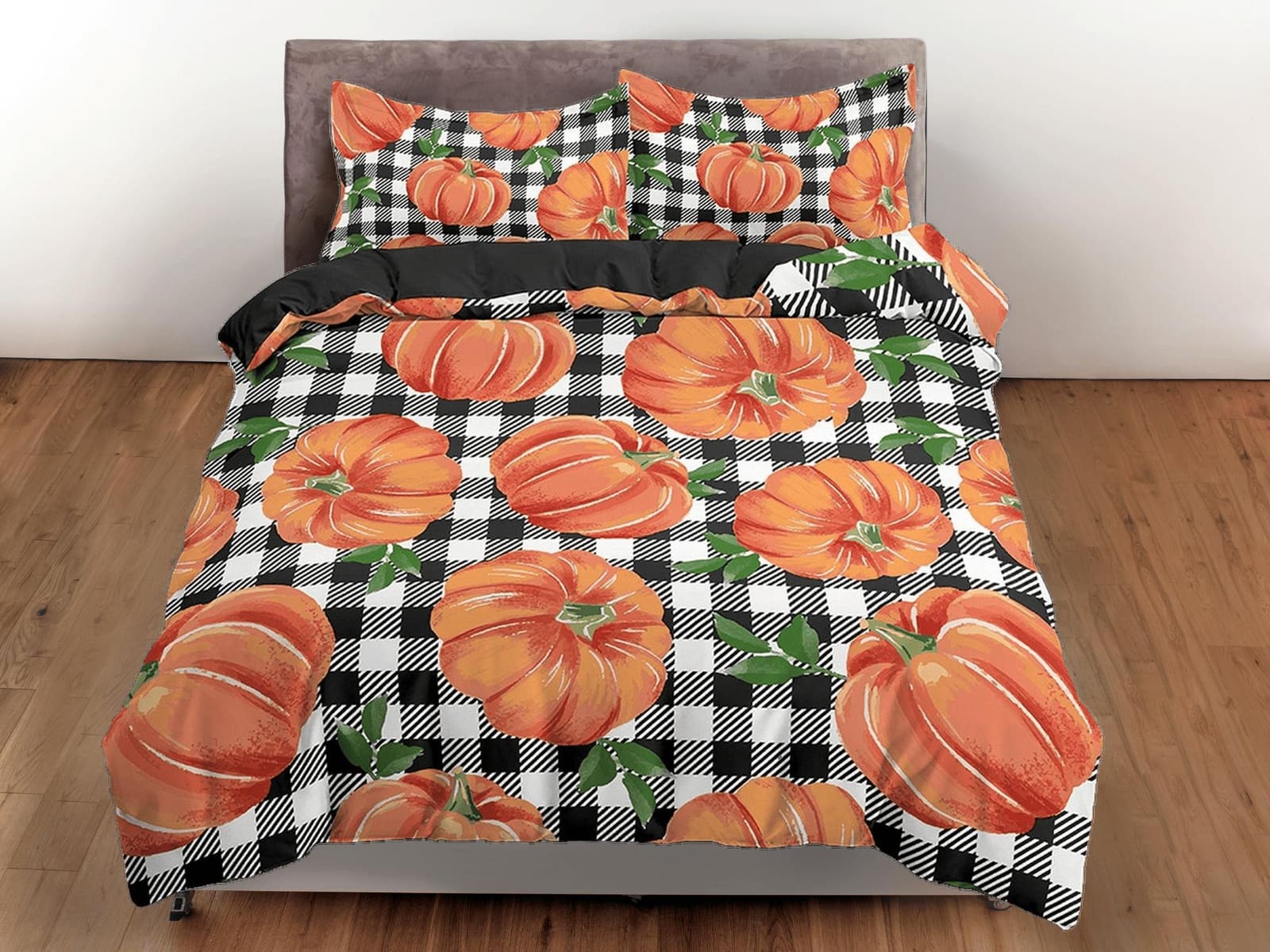 Gingham plaid pumpkin halloween full size bedding & pillowcase, check duvet cover set dorm bedding, nursery toddler beddin…