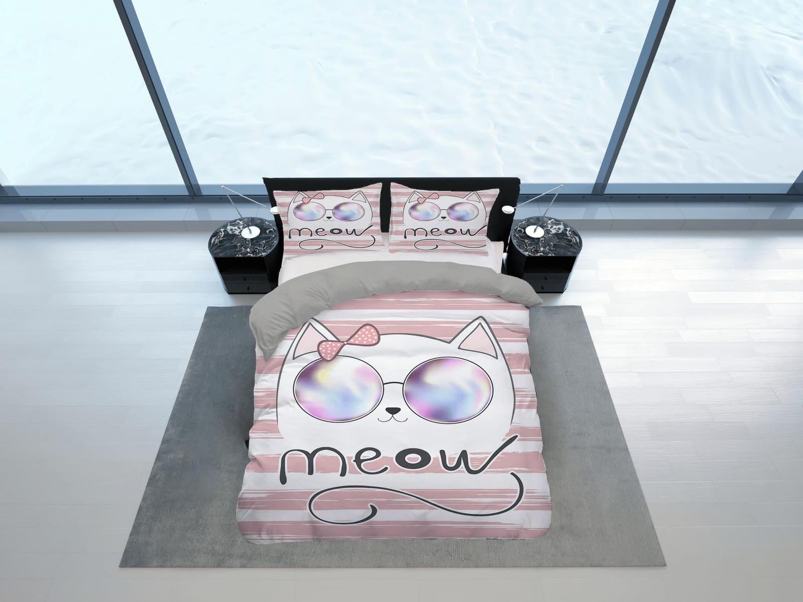 Girly cool cat bedding, toddler bedding, kids duvet cover set, gift for cat lovers, baby bedding, baby shower gift, pink b…