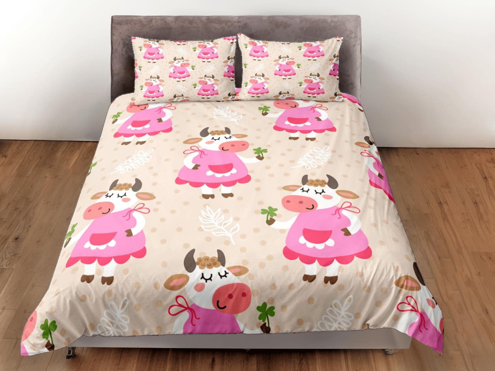 Girly Cow Pink Beige Duvet Cover Set Colorful Bedspread, Kids Full Bedding Set with Pillowcase, Comforter Cover Twin