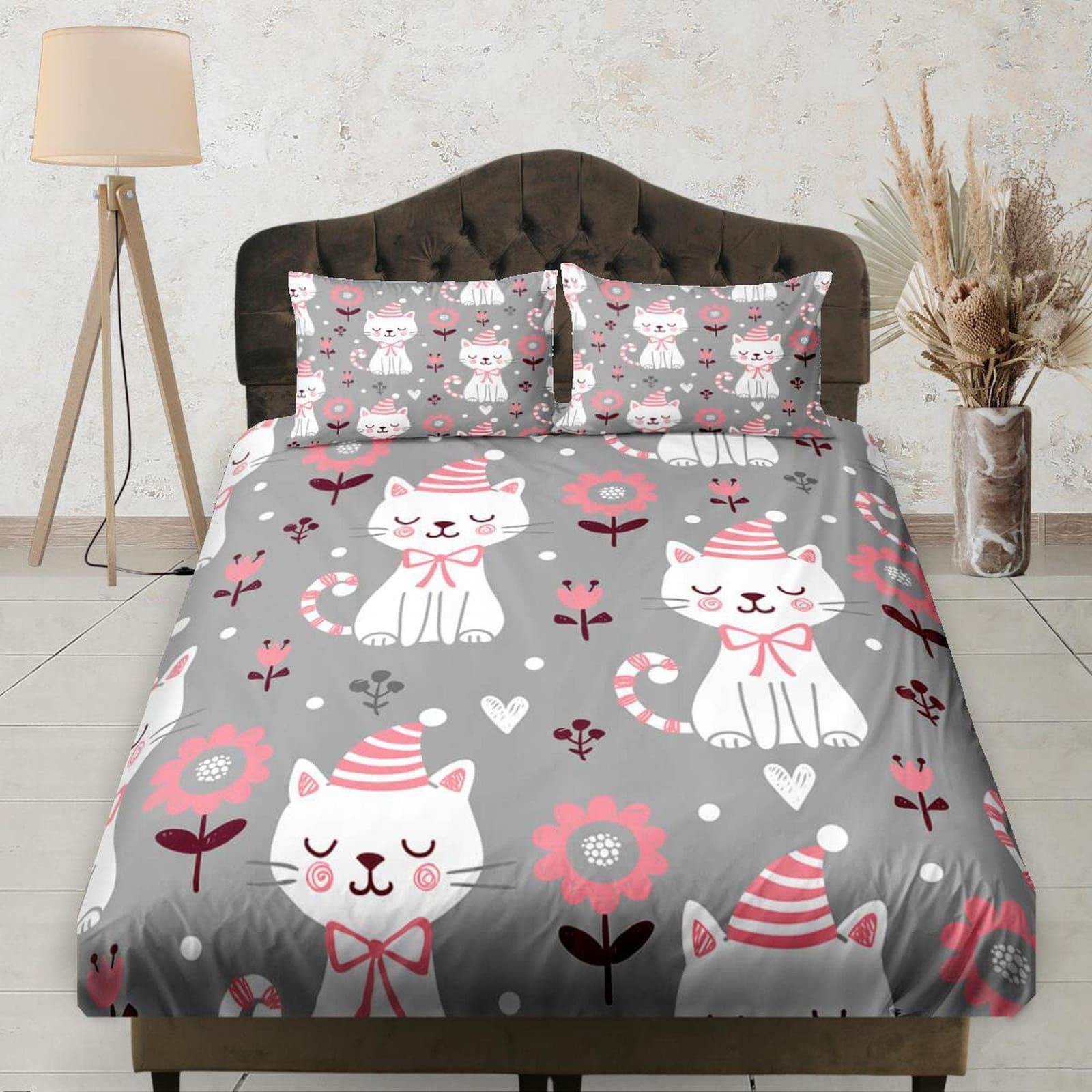 Girly Cute Cat Grey Fitted Sheet Deep Pocket, Aesthetic Bedding Set Full, Elastic Bedsheet, Dorm Bedding, Crib Sheet, Baby…