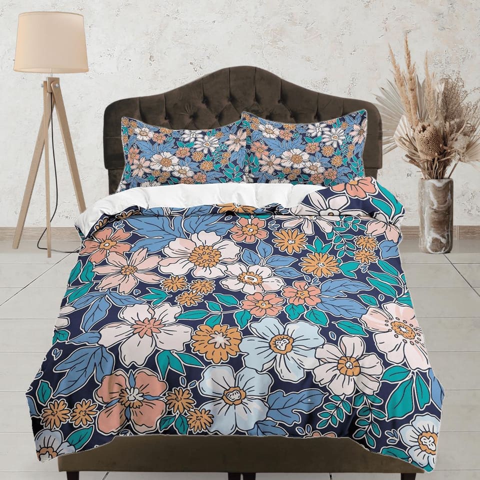 Girly floral blue duvet cover colorful bedding, teen girl bedroom, baby girl crib bedding boho maximalist bedspread aesthe…
