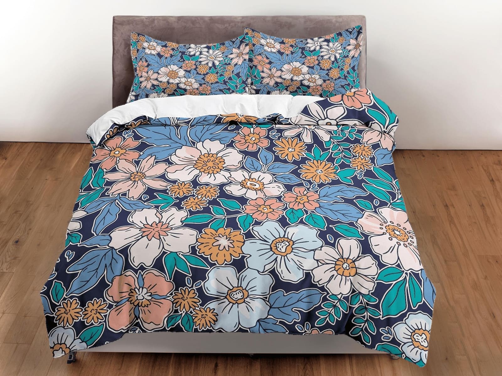 Girly floral blue duvet cover colorful bedding, teen girl bedroom, baby girl crib bedding boho maximalist bedspread aesthe…
