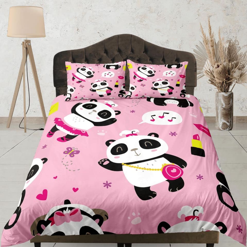 Girly panda pink duvet cover for kids, bedding set full, king, queen, dorm bedding, toddler bedding, aesthetic bedspread,…