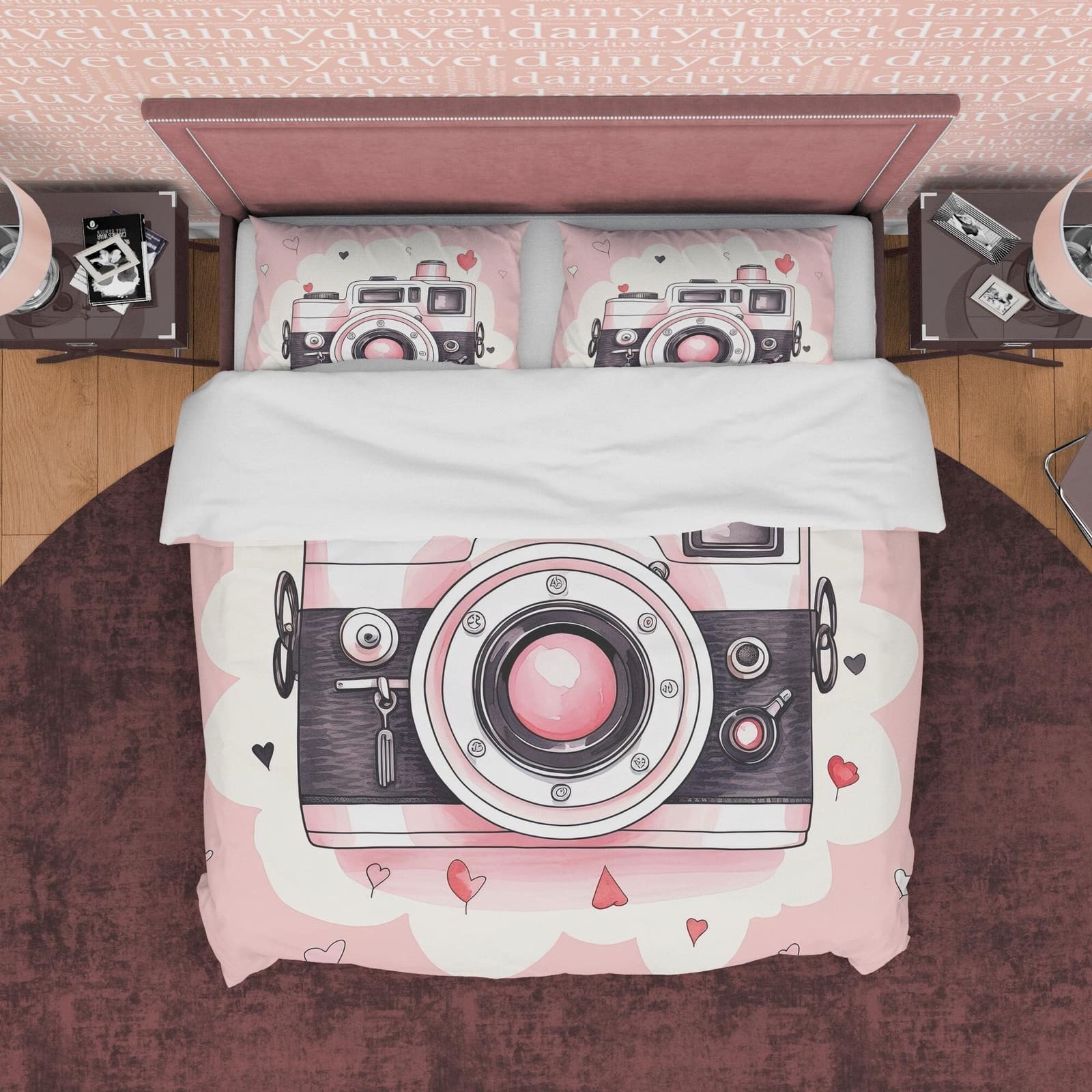 Girly Pink Retro Photography Pattern Duvet Cover Vintage Camera Bed Cover, Unique Girls Room Quilt Cover, Photographers Bl…