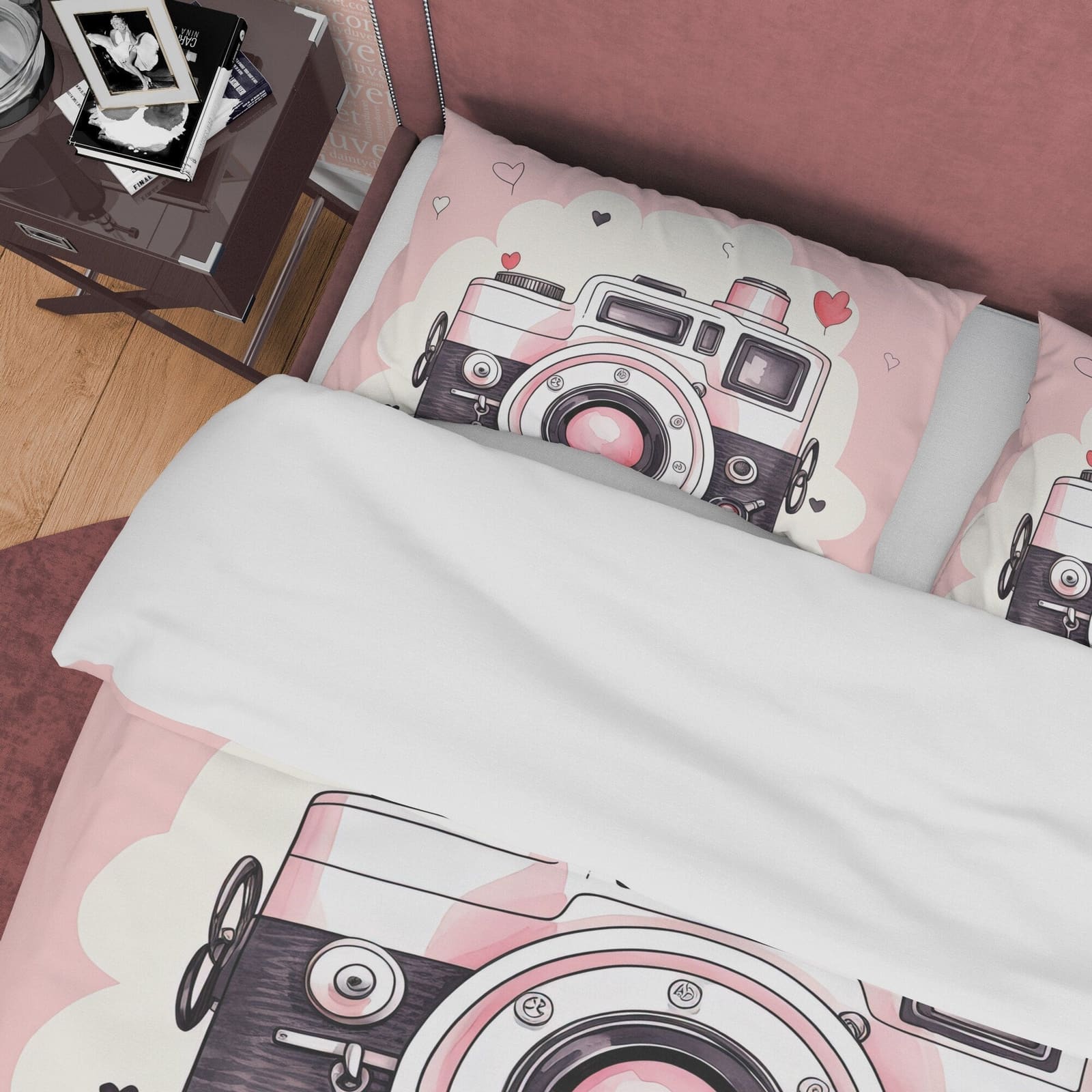 Girly Pink Retro Photography Pattern Duvet Cover Vintage Camera Bed Cover, Unique Girls Room Quilt Cover, Photographers Bl…