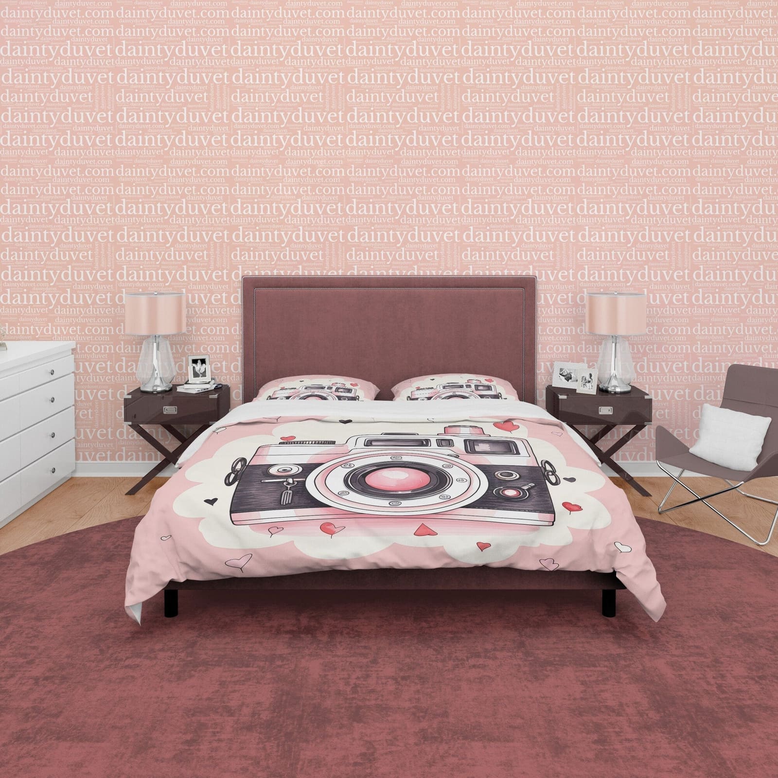Girly Pink Retro Photography Pattern Duvet Cover Vintage Camera Bed Cover, Unique Girls Room Quilt Cover, Photographers Bl…
