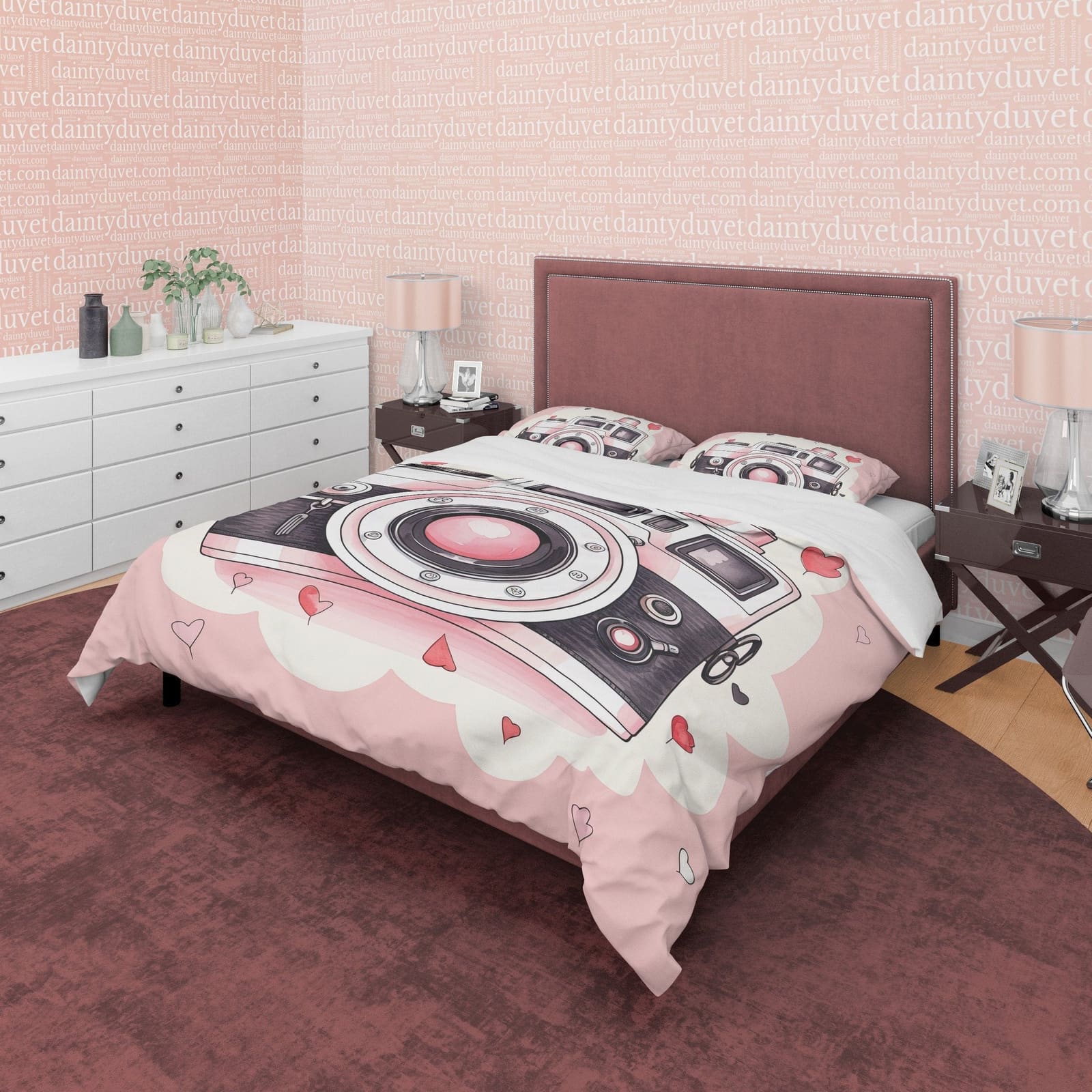 Girly Pink Retro Photography Pattern Duvet Cover Vintage Camera Bed Cover, Unique Girls Room Quilt Cover, Photographers Bl…