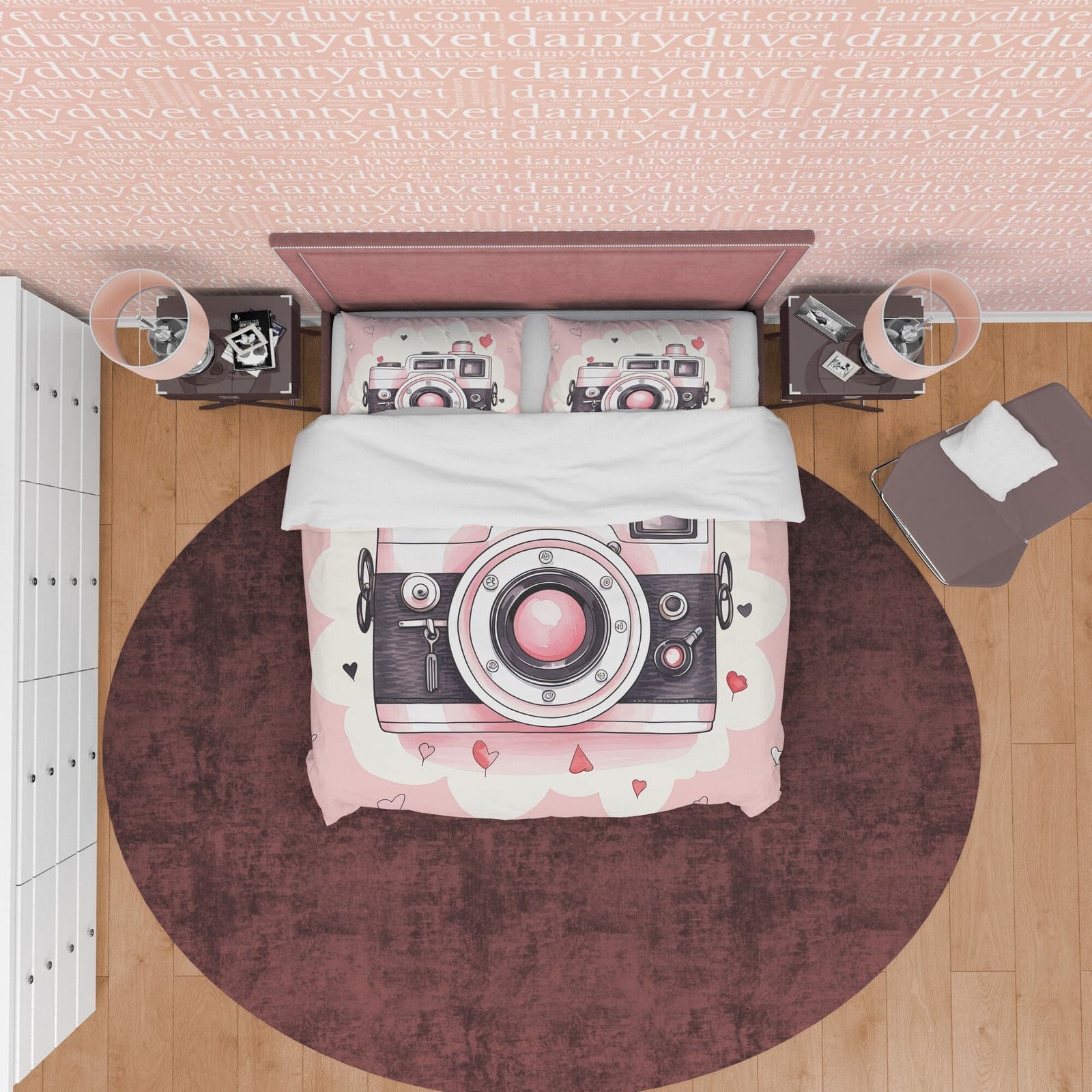 Girly Pink Retro Photography Pattern Duvet Cover Vintage Camera Bed Cover, Unique Girls Room Quilt Cover, Photographers Bl…