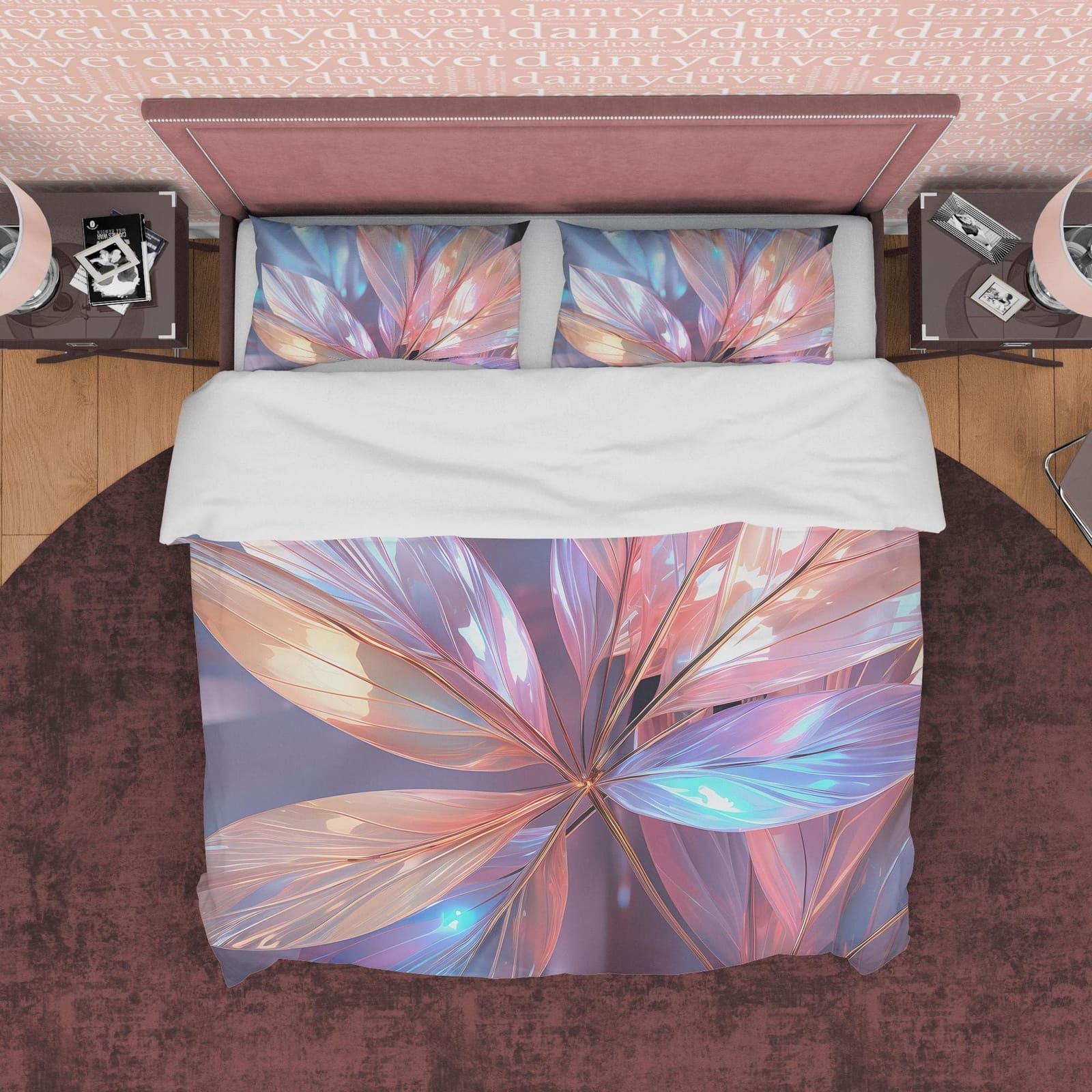 Glass Leaf Shiny Colorful Bedding Set Boho Duvet Cover, Holographic Plant Quilt Cover, Moonstone Inspired Bedspread, Galax…