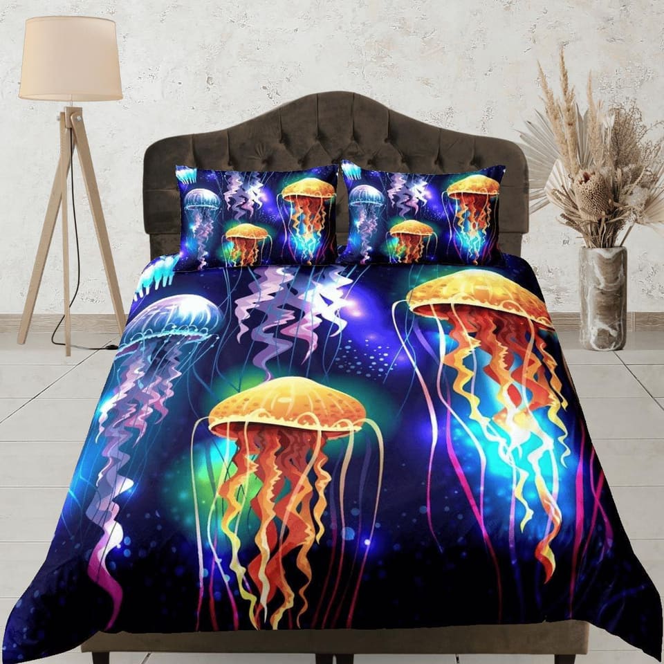 Glowing jellyfish bedding dark purple duvet cover, ocean blush sea animal bedding set full king queen twin crib toddler, d…