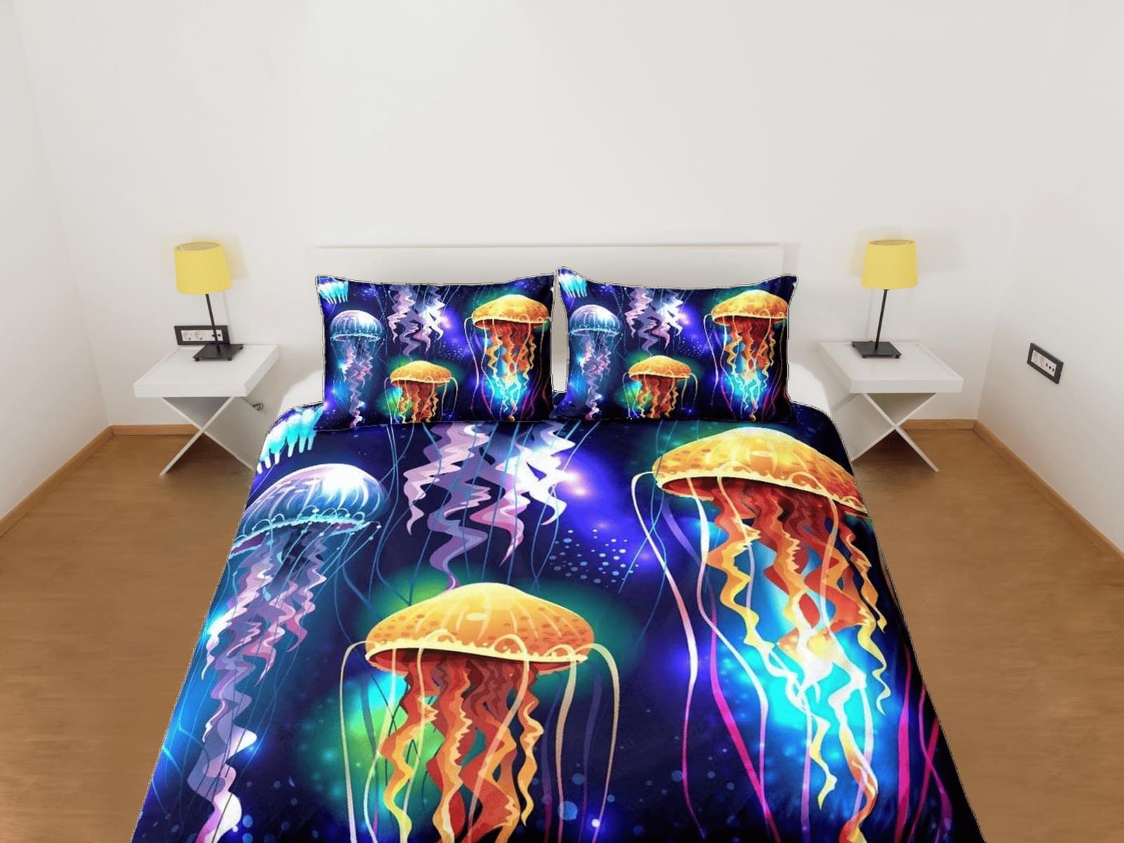 Glowing jellyfish bedding dark purple duvet cover, ocean blush sea animal bedding set full king queen twin crib toddler, d…