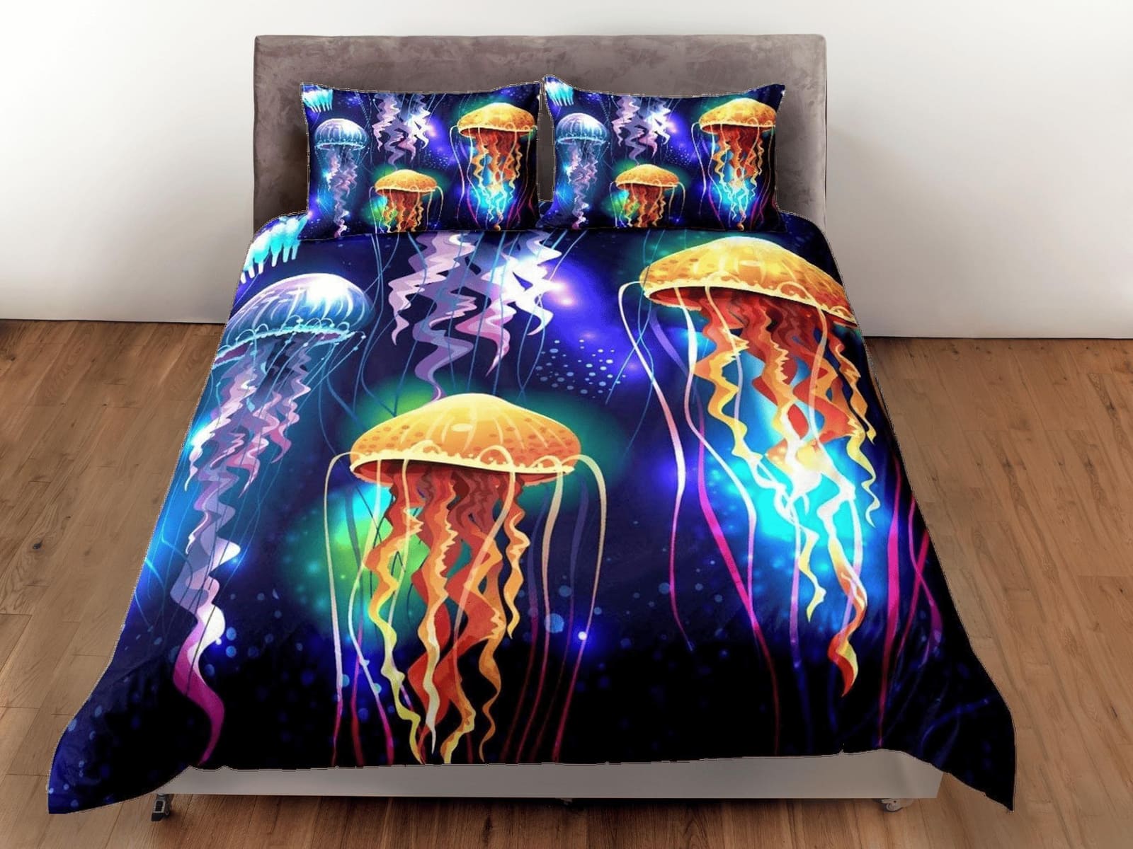 Glowing jellyfish bedding dark purple duvet cover, ocean blush sea animal bedding set full king queen twin crib toddler, d…