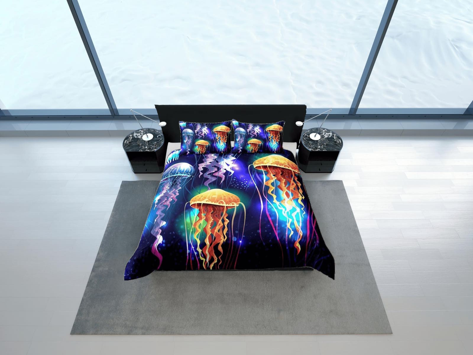 Glowing jellyfish bedding dark purple duvet cover, ocean blush sea animal bedding set full king queen twin crib toddler, d…
