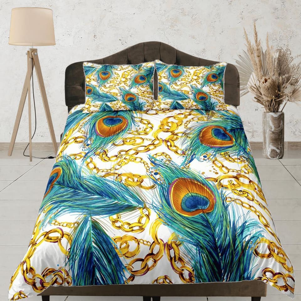 Gold chains and peacock decor aesthetic bedding set full, luxury duvet cover queen, king, boho duvet, designer bedding, ma…