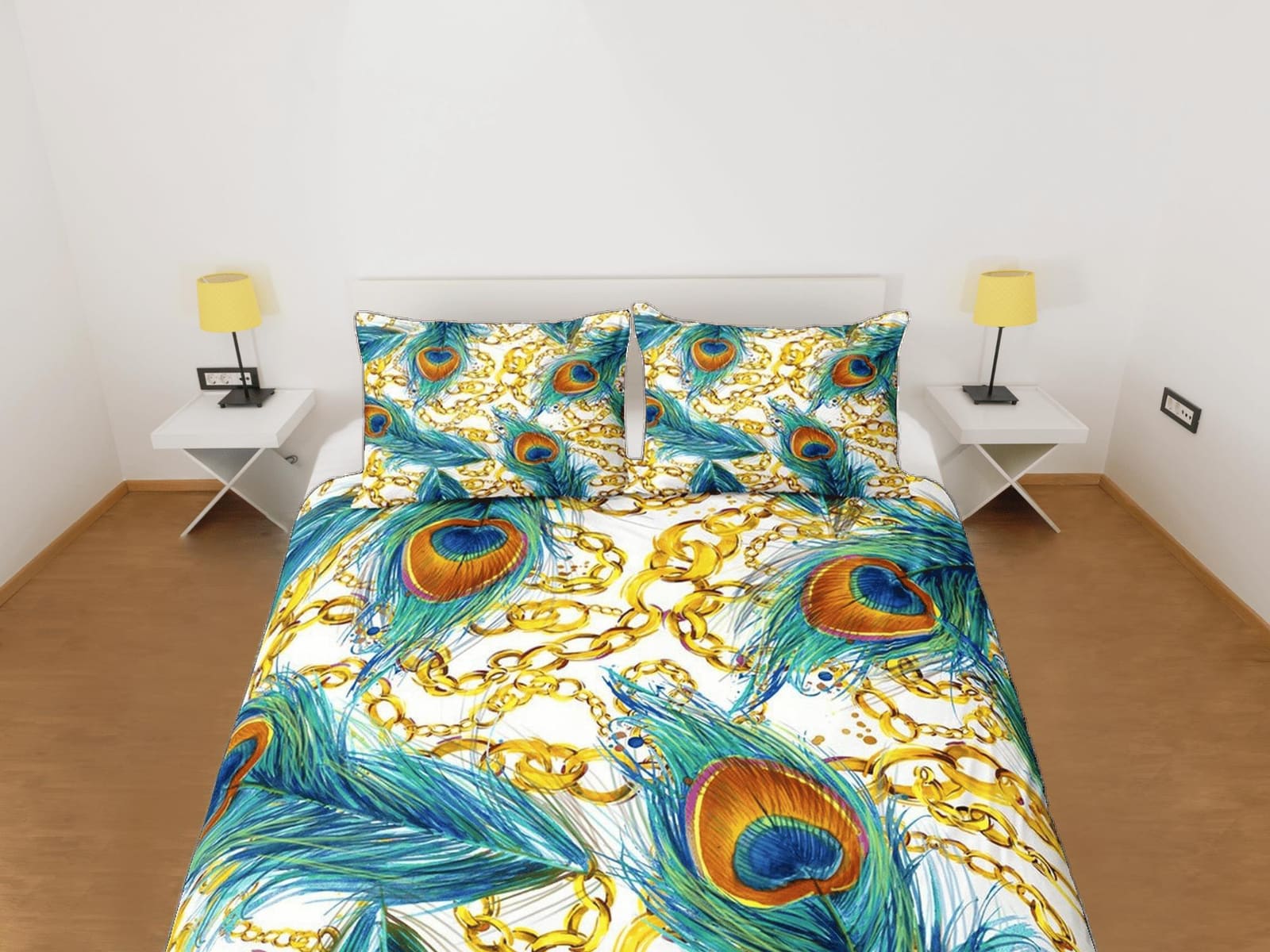 Gold chains and peacock decor aesthetic bedding set full, luxury duvet cover queen, king, boho duvet, designer bedding, ma…