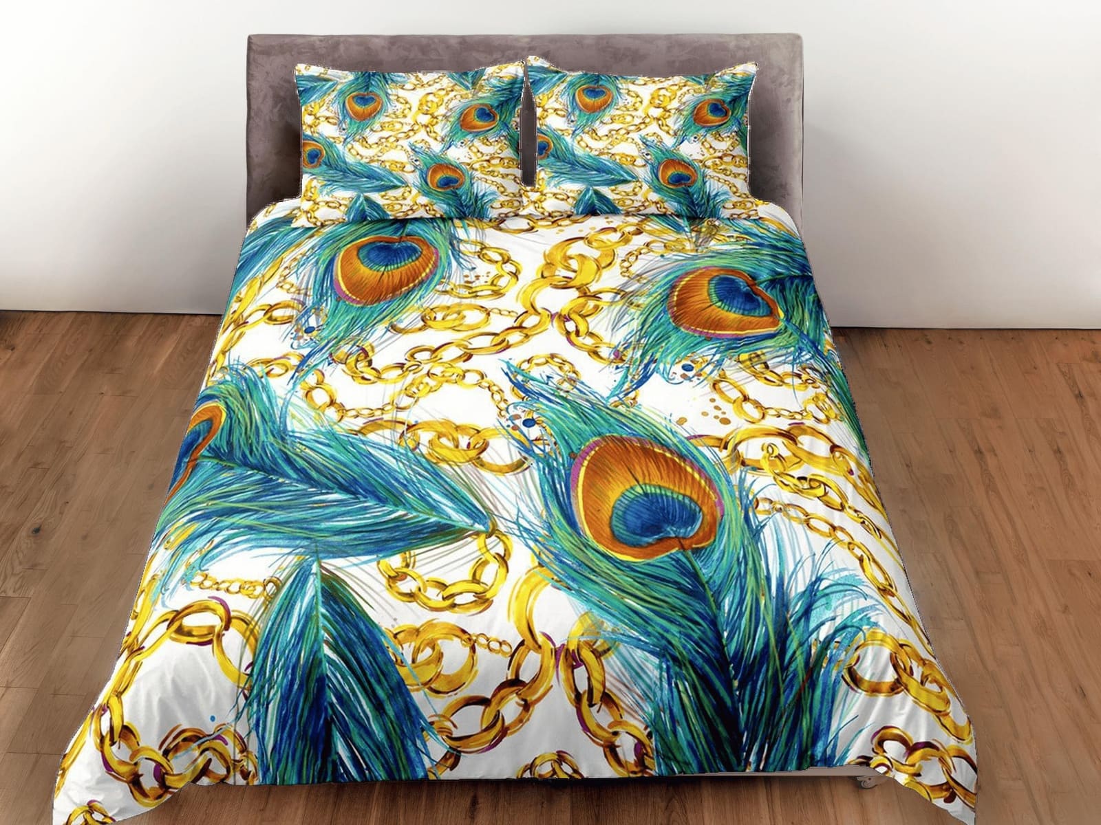 Gold chains and peacock decor aesthetic bedding set full, luxury duvet cover queen, king, boho duvet, designer bedding, ma…