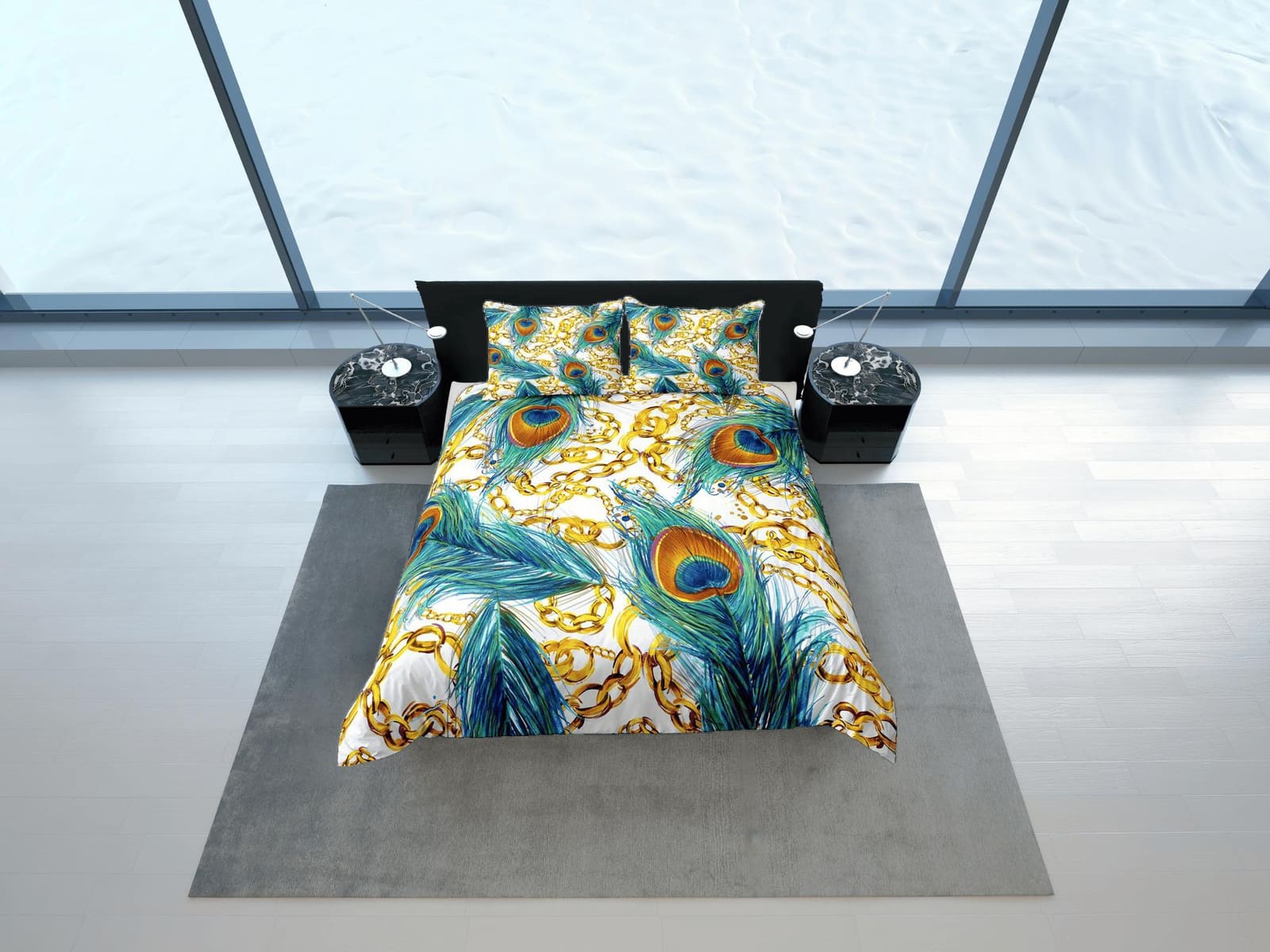 Gold chains and peacock decor aesthetic bedding set full, luxury duvet cover queen, king, boho duvet, designer bedding, ma…