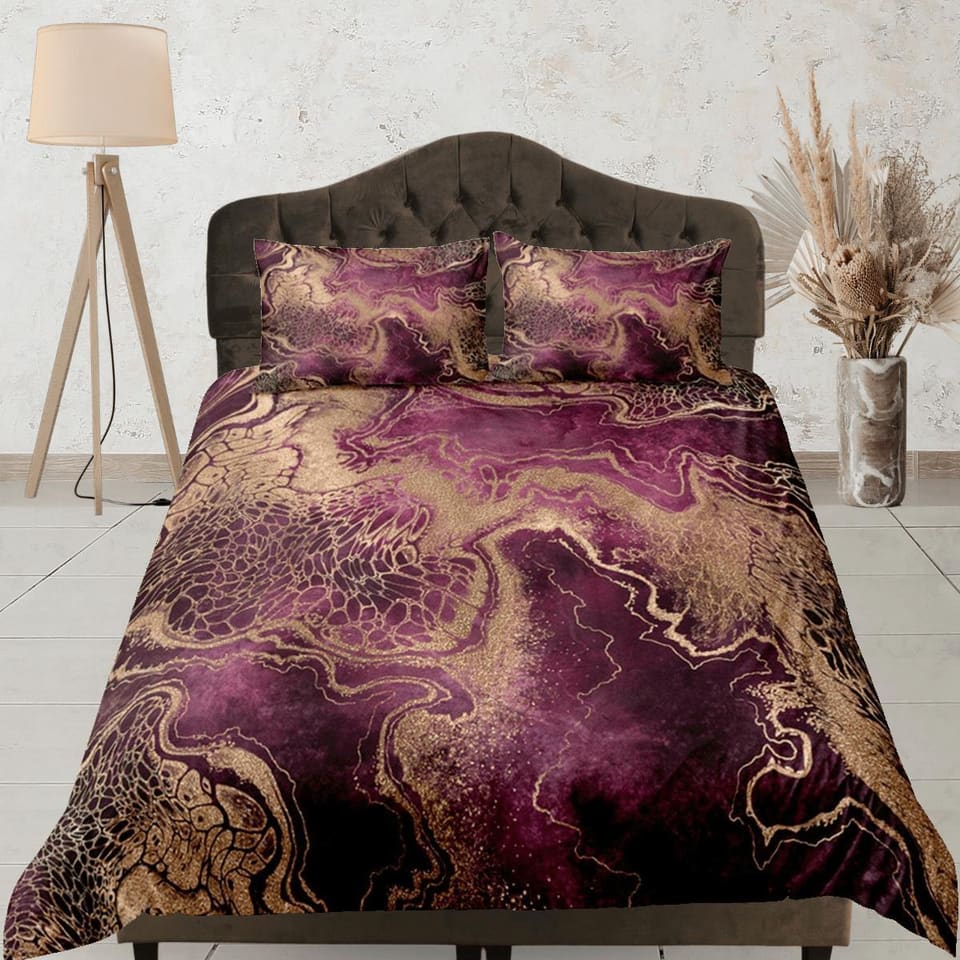 Gold Marble Swirl Violet Duvet Cover Set Colorful Bedspread, Dorm Bedding & Pillowcase, King Duvet Cover Full, Comforter Q…
